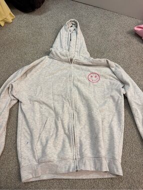 Light Gray Zip-Up Hoodie with Pink Logo - Women's Sweatshirt